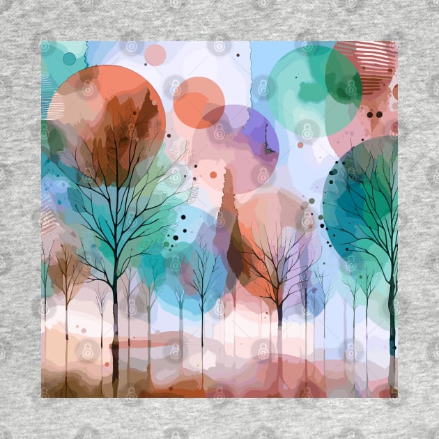 Colorful Sky Blue Pastel Brown Abstract Trees by Siha Arts